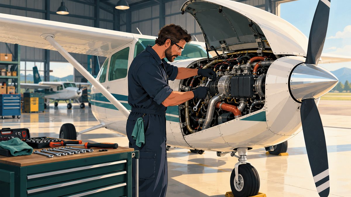 An aircraft maintenance technician inspecting a grounded aircraft in a hangar.