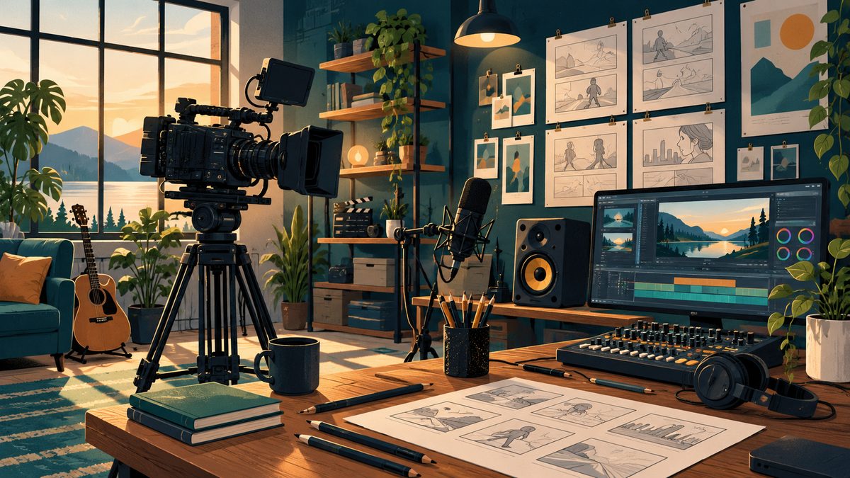 A creative studio with a film camera, microphone, storyboards and drawing tools.