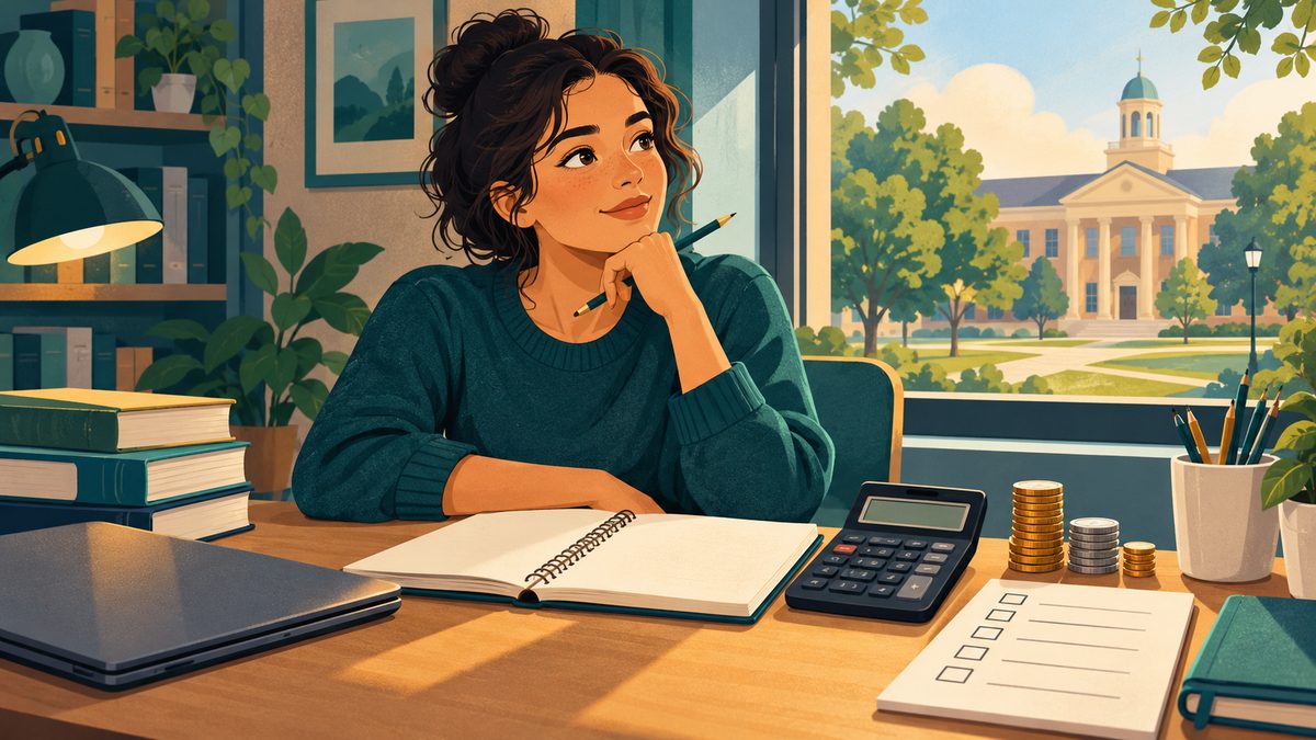 A student considering study materials and a calculator at a desk beside a window.