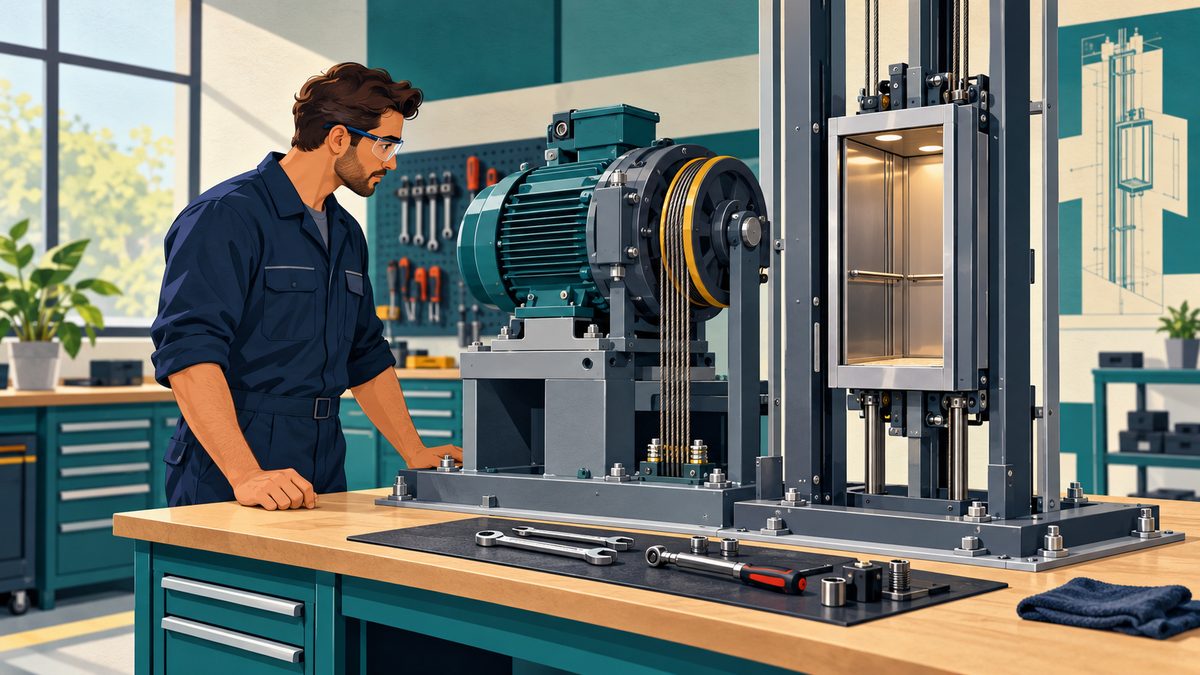 A technician reviewing a stationary elevator mechanism in a training workshop.