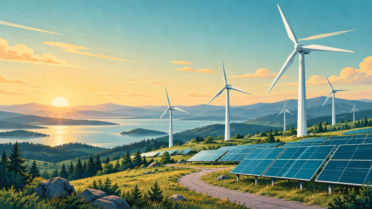 Wind turbines and solar panels in a rolling landscape.