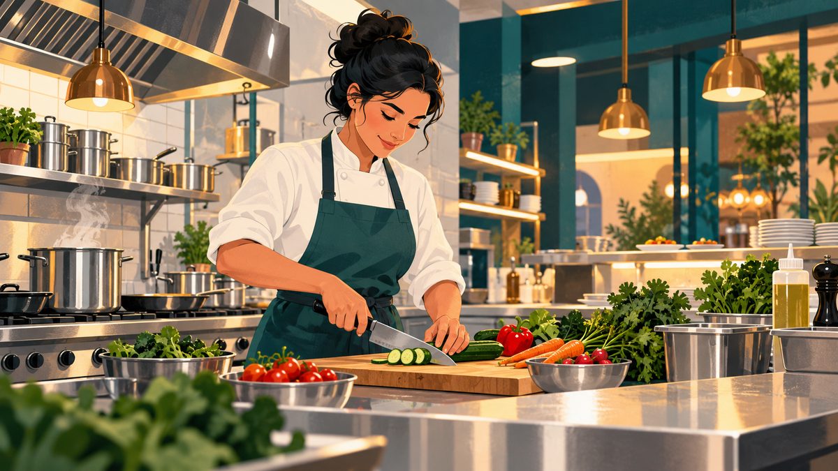 A cook preparing vegetables at a counter in a professional kitchen.