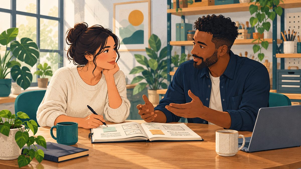 Two colleagues discussing an open work notebook across a table.