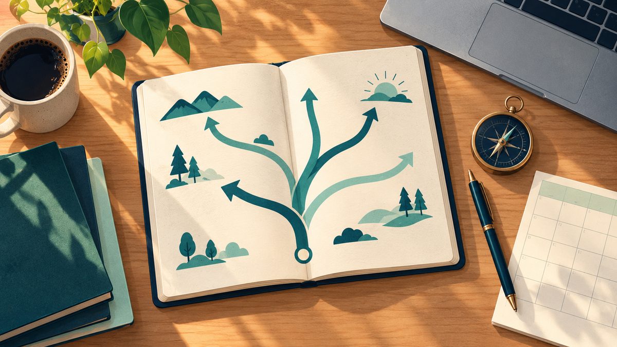 A notebook with a branching path diagram, calendar, pen and compass on a work desk.