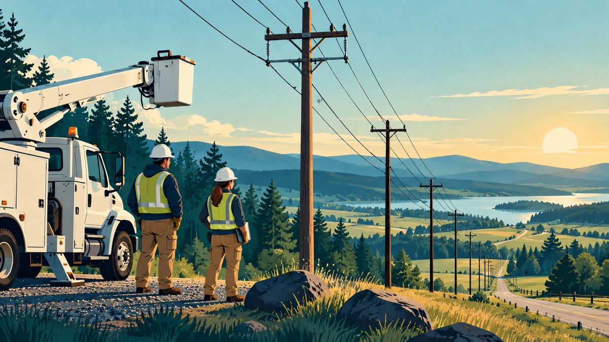 Utility poles and power lines with a parked maintenance truck and technicians nearby.