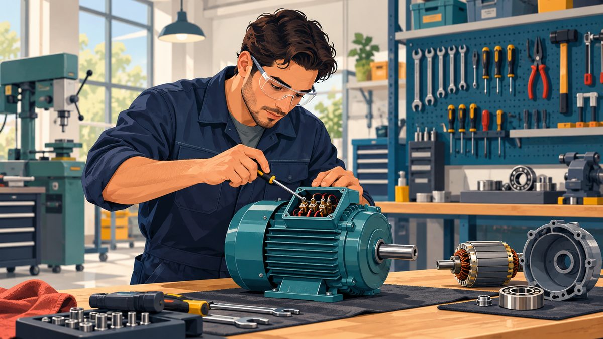 A maintenance technician examining a stationary bench motor in a training workshop.